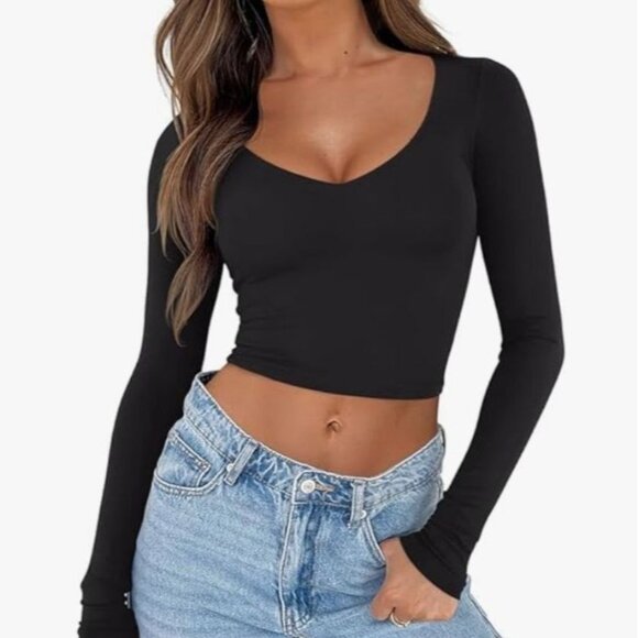 Reoria Long Sleeve Cropped Top Shirt Womens Medium Black New WOT - Picture 1 of 6
